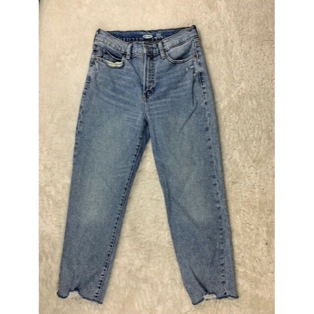 Old Navy 4P Womens Jeans Sky High Straight Raw Hem Stretch Med Wash High Rise